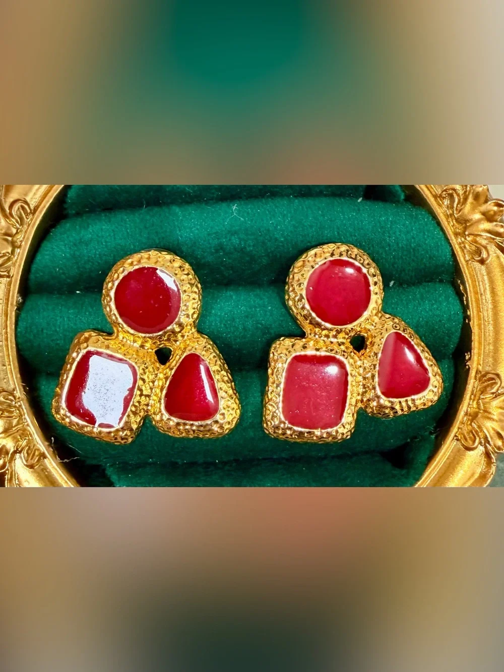 Gold-Tone Chunky Red Stone Drop Earrings